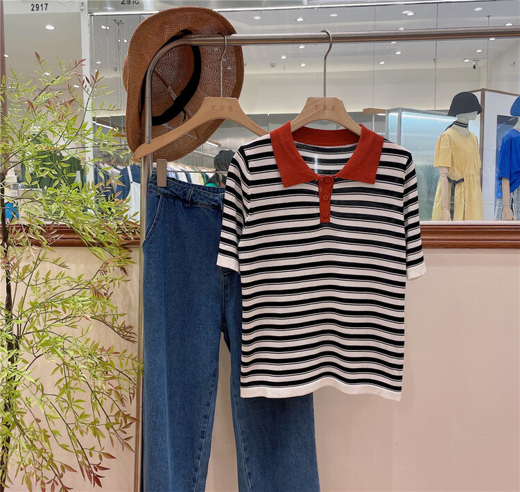 New in early summer! [t.b.s] Korean Polo neck stripe versatile short sleeve T-shirt 7030# lwy