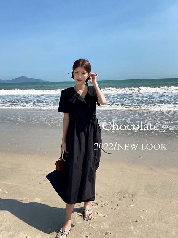 初夏上新!【巧克力】韓版海軍領系帶寬鬆甜美中長款連衣裙  28062#  LL