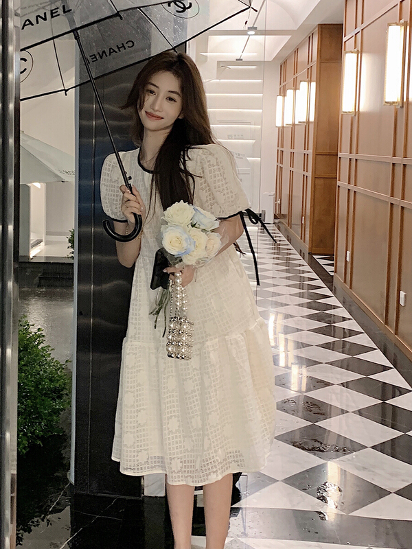 [kakajia] high waist lace up bubble short sleeve senior dress 2092# ozq