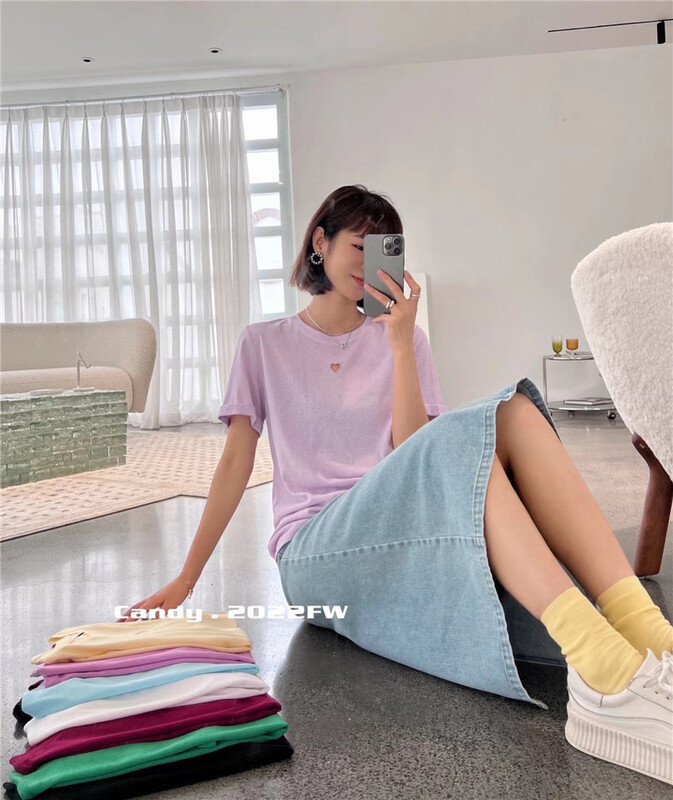 [candy] love hollow out clean color versatile short sleeve T-shirt 3308# zjy