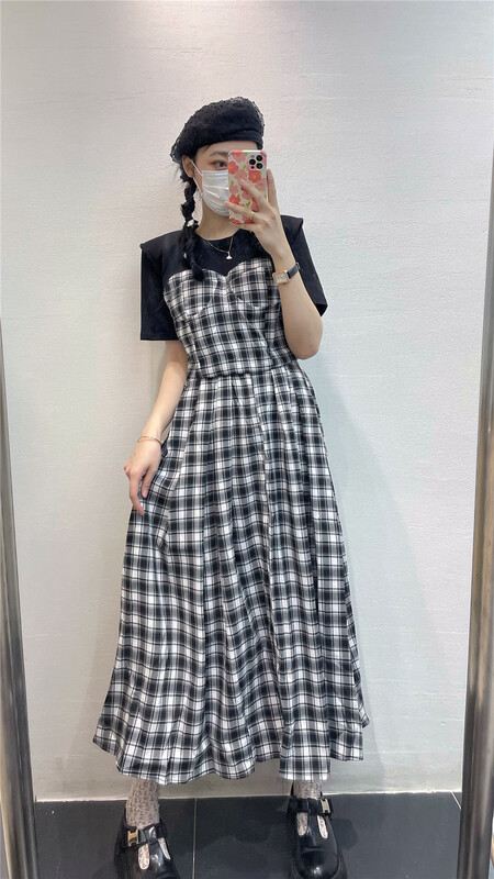 [sk-11] Plaid fashion short sleeve T-shirt + slim loose skirt set 712# XYJ