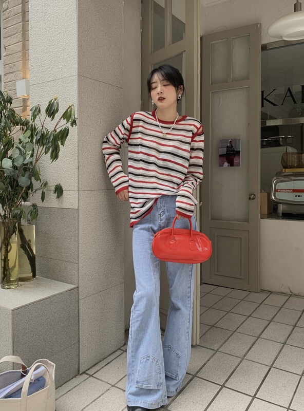 【MEET+STUDIO】新品夏季防曬露空條紋撞色圓領針織長袖T恤  S271#  LSL