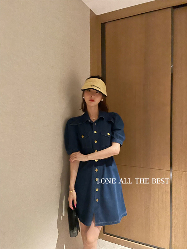 [1. One] Korean single breasted short sleeved denim dress (with belt) 2252# WPL