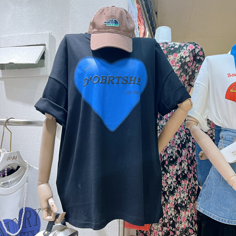 [Juju] graffiti heart letter loose short sleeve T-shirt 97990# LSL