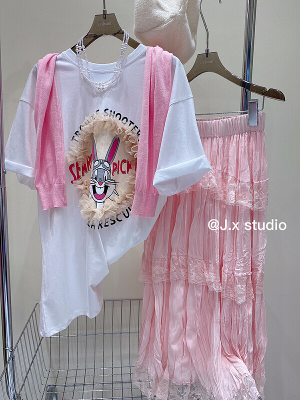 [JX] rabbit lace design versatile short sleeve T-shirt (T-shirt only) 1526# WTT