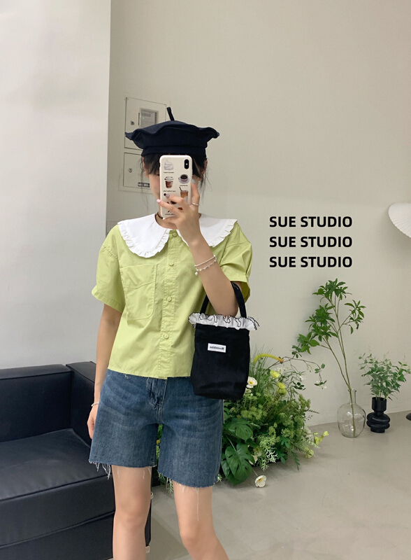 [Sue studio] color blocking age reducing versatile shirt 22251# zjy