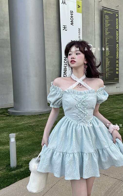 [Yingying new clothes] small fresh off shoulder sweet first love skirt bubble sleeve waist closing dress 7401# Cl