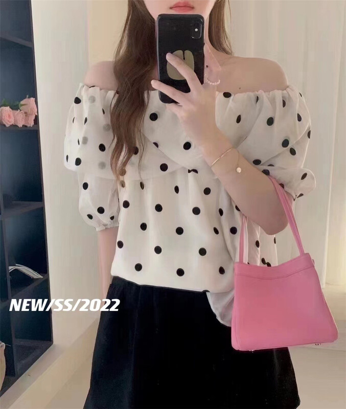 [gusA] French Ruffle edge wave point off shoulder shirt 6149# WPL