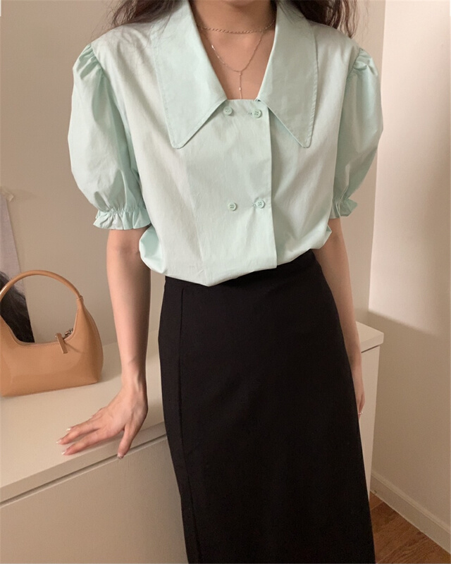 goods in stock! New in early summer! [bluepops] bubble sleeve single row fashion shirt a2291# zxl