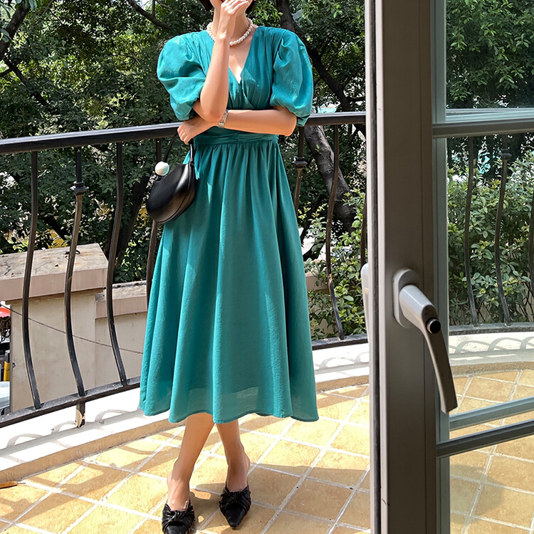 [Hanna inclusive] V-neck bubble sleeve slim dress x870# XJ