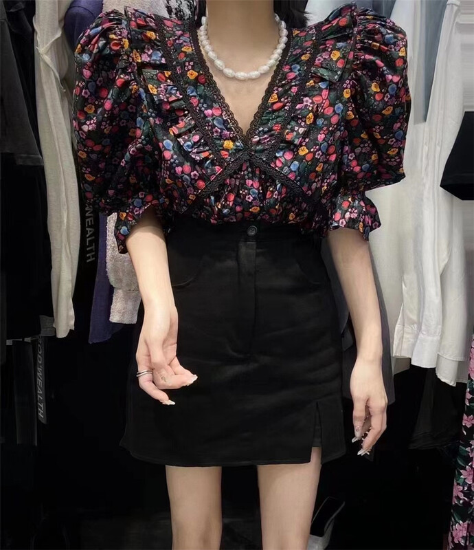 New in early summer! [Yan Zhen] Korean small shirt 25554# PCZ with pleated broken flowers