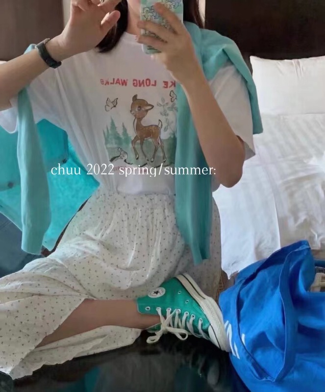 [chuu] Korean casual print versatile short sleeve T-shirt 63396# HBx