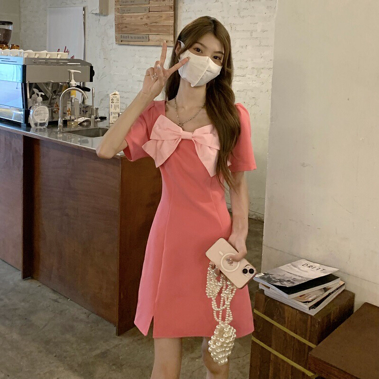 [fan fan] fashion bow Vintage square neck dress 5838# JJ