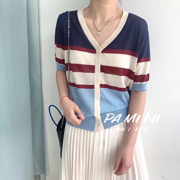 [pamini] Vintage color contrast fashion knitted cardigan 8935# Cl