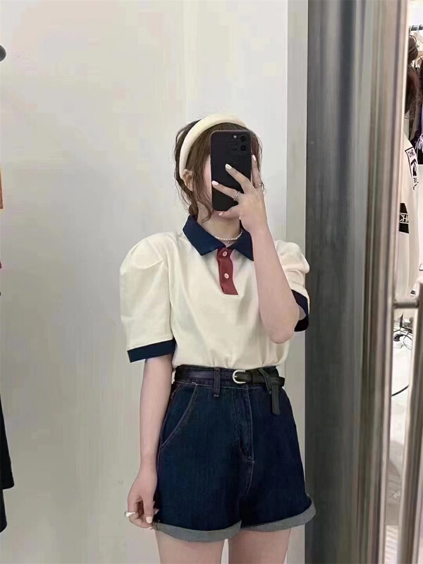[an studio] color blocked bubble sleeve comfortable polo shirt (only for tops) ys1-8760# L