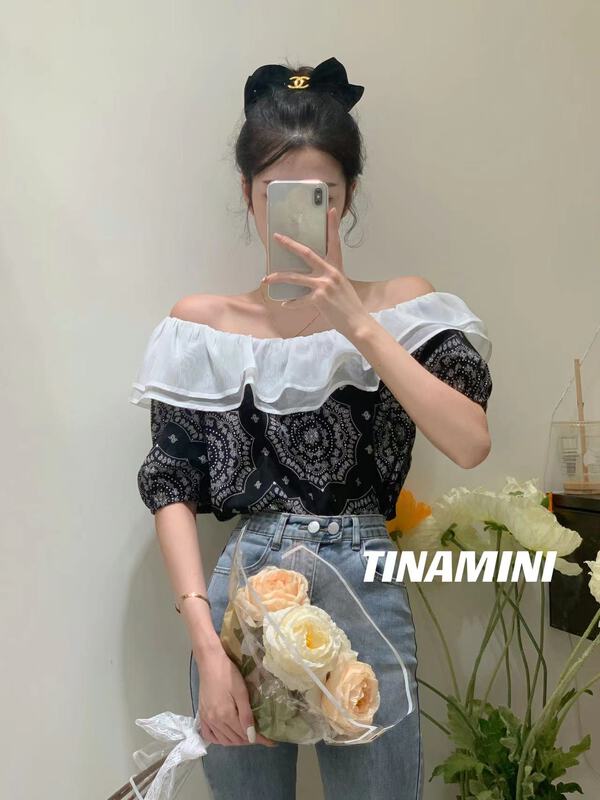 [Tina Mini] Korean style contrast one shoulder shirt m0178# hjy