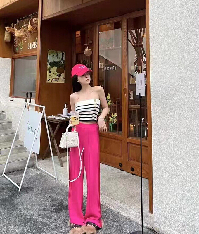 New in early summer! [Danling] stripe contrast color wrap chest metal buckle sexy tight Strapless vest / suspender 0999# PCZ