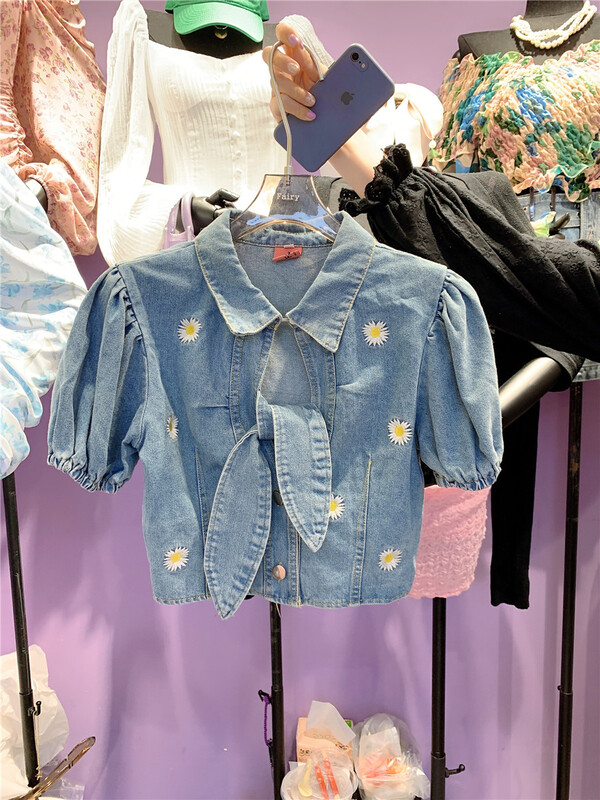 goods in stock! New in early summer! [goblin] Korean Vintage embroidered bubble sleeve denim blouse 666# PCZ