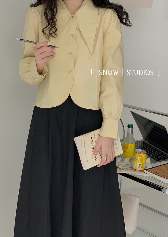 現貨!【I  SNOW】韓系尖領泡泡袖短款襯衫  22056#  JHY