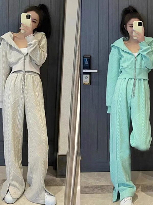 goods in stock! New year in early spring! [Huaxi] fashion high sense net red fried Street textured sweater + sports Wide Leg Pants Set 8652# PCZ