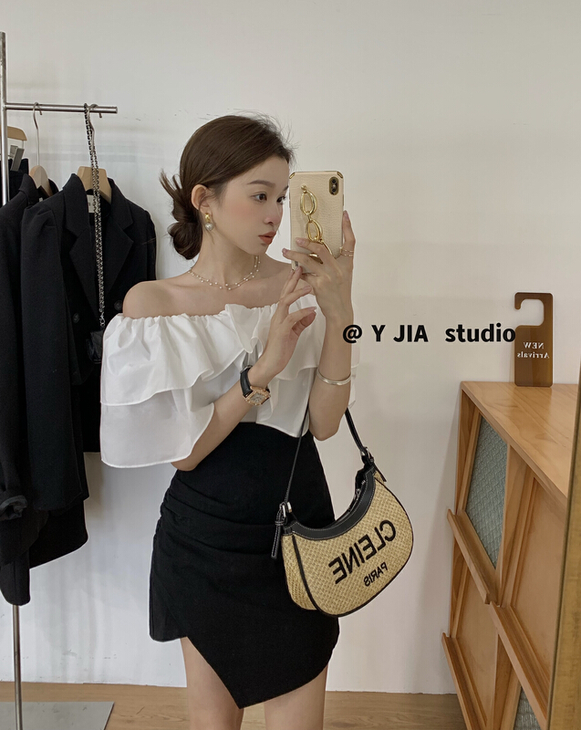 現貨!【Y.JIA 伊嘉】一字肩雙層荷葉領小衫+百搭褶皺半裙套裝  YS1-5617#  PCZ