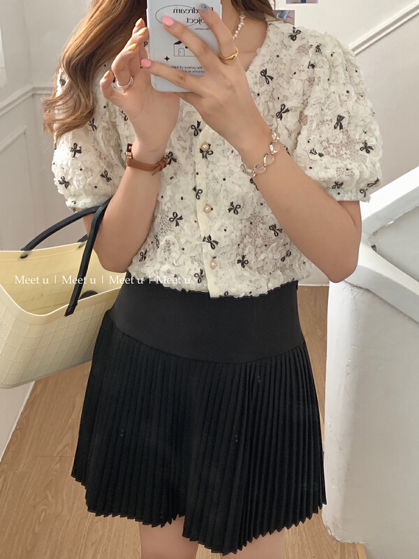 [meetu] Korean embroidered breasted bubble sleeve shirt 22218a# HBx