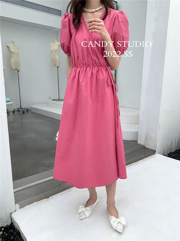 [candy] Korean bubble sleeve V-neck lace up dress b9075# ZSY