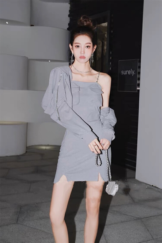 New year in early spring! [RM. HH] Korean versatile HOODED JACKET + lady simple solid color suspender dress set 212# ozq