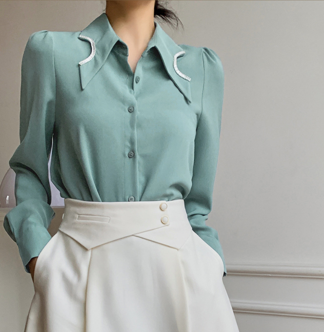 New year in early spring! [Hanna Hanna] French elegant and good quality bright diamond inlaid shirt 8021# XJ