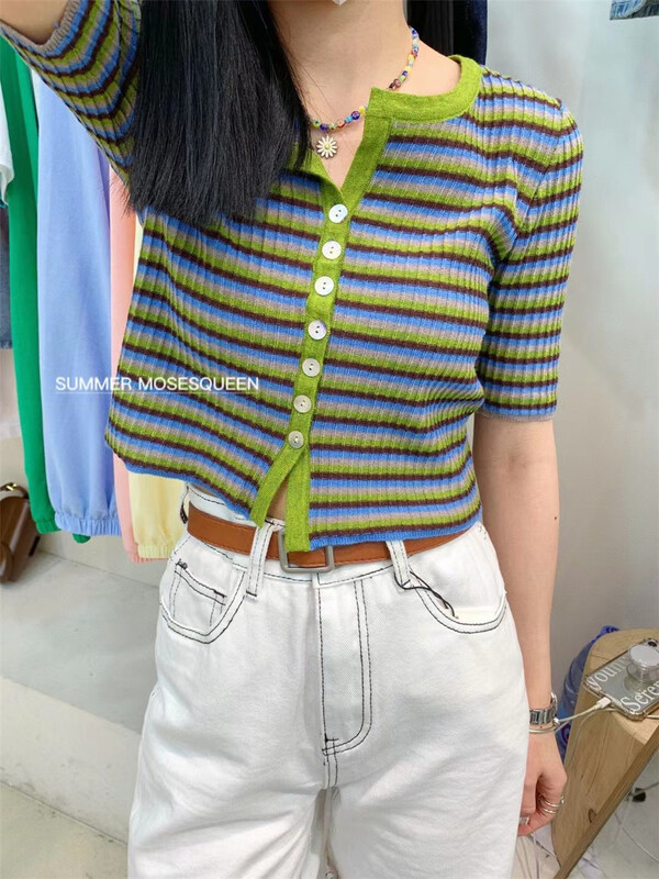 New in early summer! [moss queen] contrast round neck stripe blouse 59011# XYY