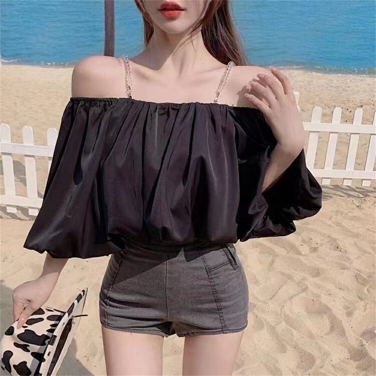 New in early summer! [top] simple straight shoulder solid color shirt (with detachable chain) a02# ZSY
