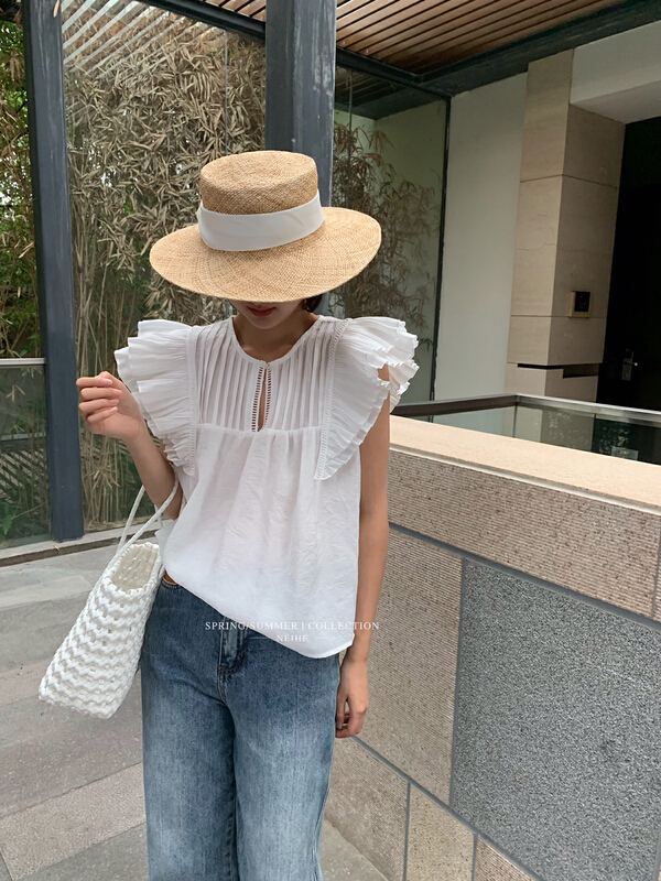 [neihe] Korean loose pleated fly sleeve shirt 22263# zxx