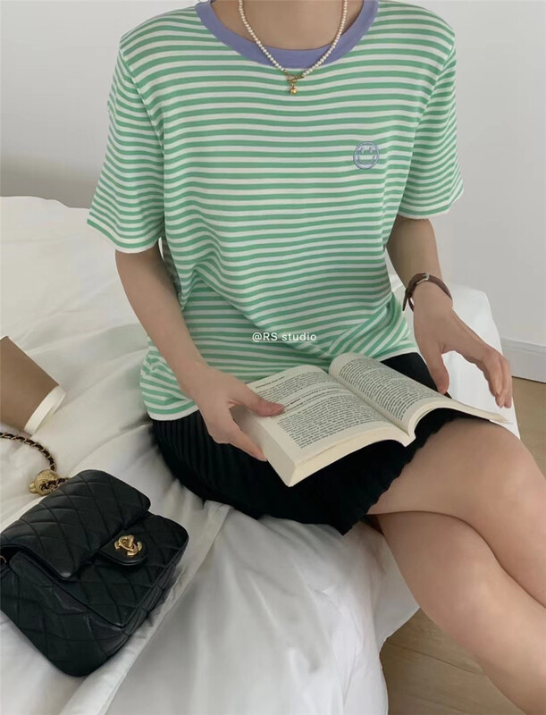 [Weika] smiley face embroidered stripe short sleeve T-shirt 8222# lwy
