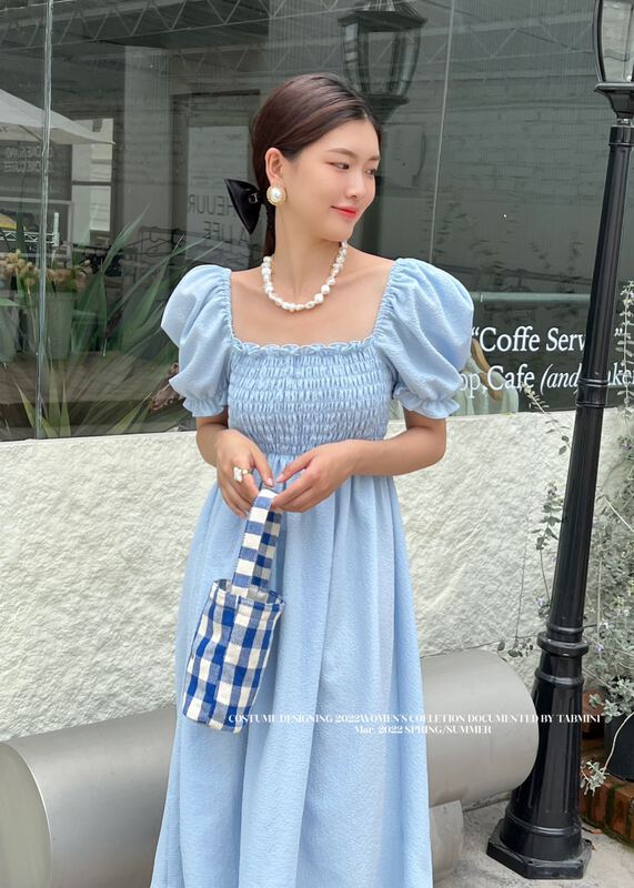 goods in stock! New in early summer! [tabmini] temperament gentle wind bubble sleeve square neck long dress x19155-a# WPL