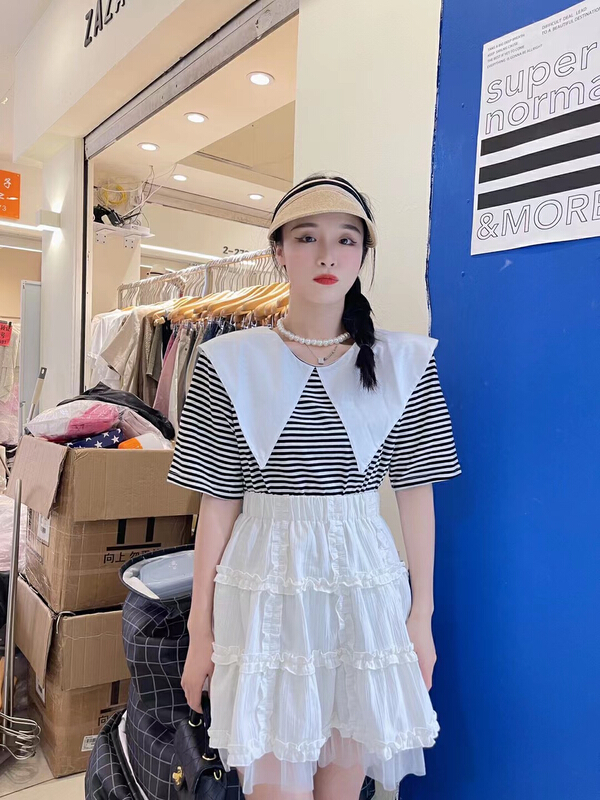 New in early summer! [ruru-clutching 2 store] large lapel stripe versatile short sleeve T-shirt (T-shirt only) 515# lwy