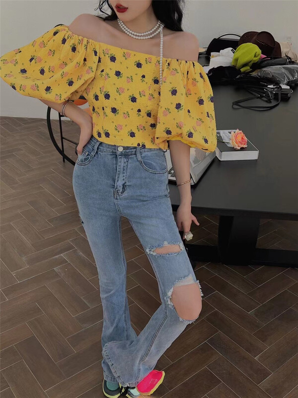 [ESU] Korean style bubble sleeve short floral blouse 3693# lwy