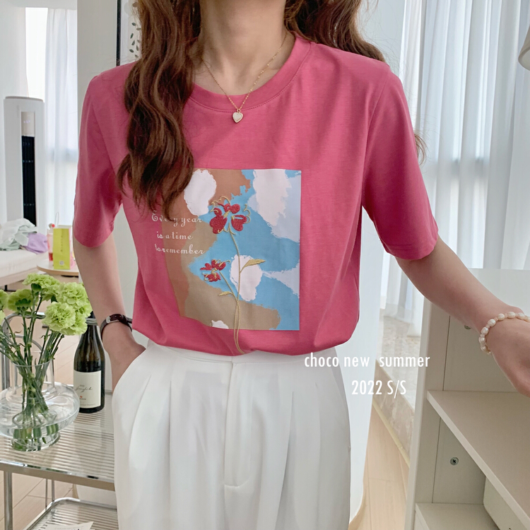 [choco] Korean color contrast oil painting short sleeve T-shirt 8267# HBx