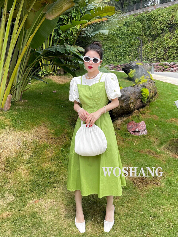 [woshang] sweet floral shirt stitched dress w888# XYJ