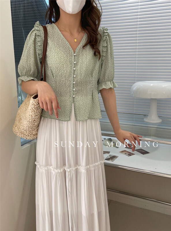 [Sunday morning] Korean V-neck Style Bubble Sleeve Shirt ys1-9075# zjy