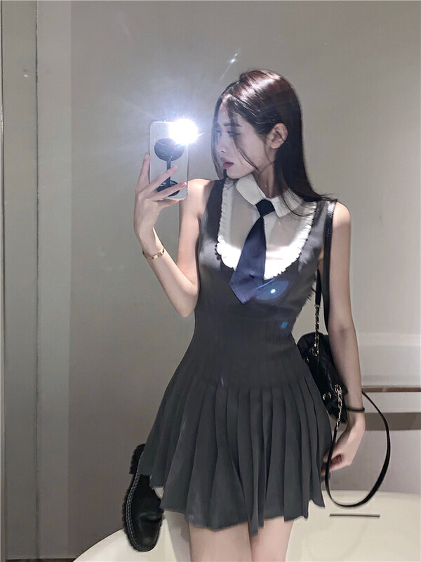 New in early summer! [Doudou family] college style Korean mosaic Lapel ear side Pleated Dress (with tie) 88205# CLS