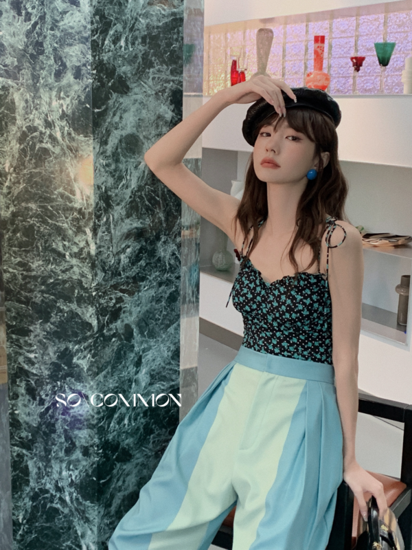 [so common] fashion temperament floral suspender shirt 62467# XYJ