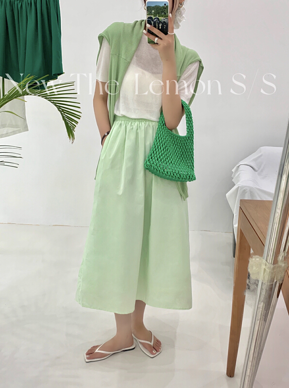 [lemon green tea] simple and versatile elastic waist A-line skirt 2077# hjy