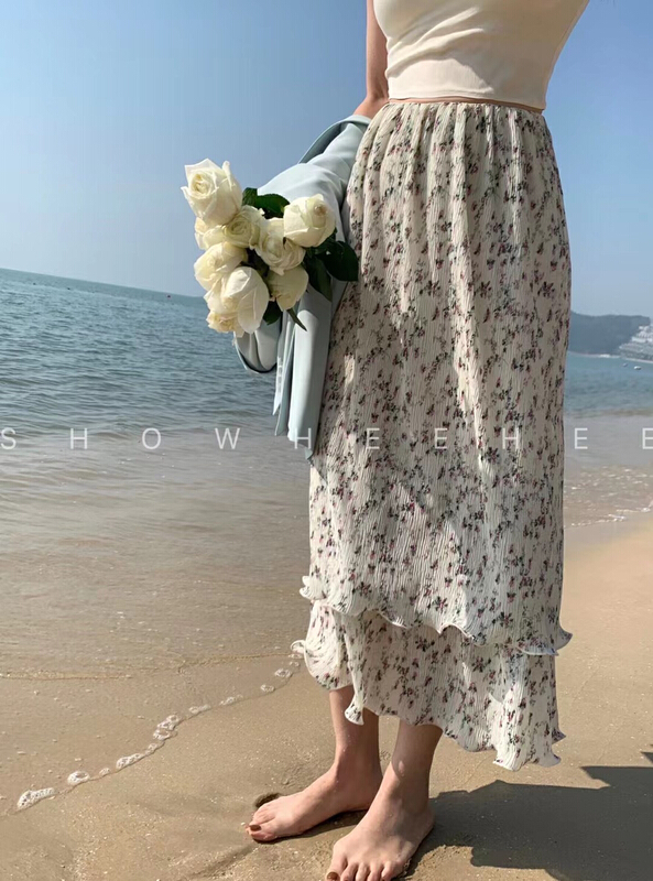 New year in early spring! [Xiu Xixi] retro and versatile pleated floral skirt 19353# zxx