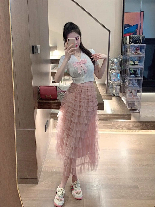 [pan] mesh layer upon layer overlapping cake versatile skirt 00481# PCZ