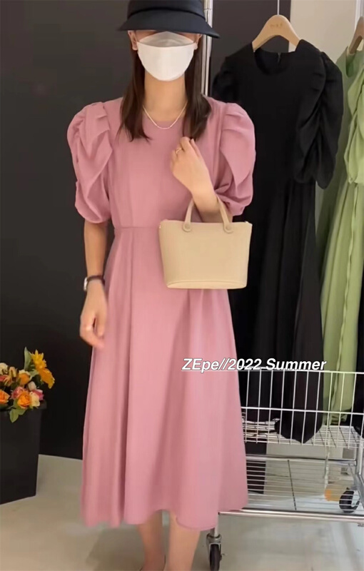 [Ze] round neck bubble sleeve lady dress 3029# ll