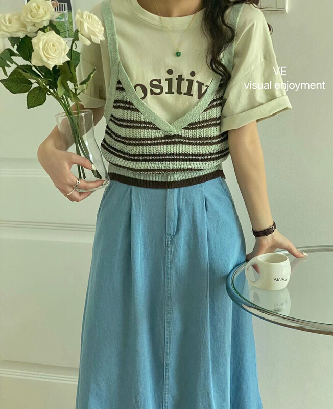 [ve] stripe suspender Vest + loose letter short sleeve T-shirt set 6516-1\hbx