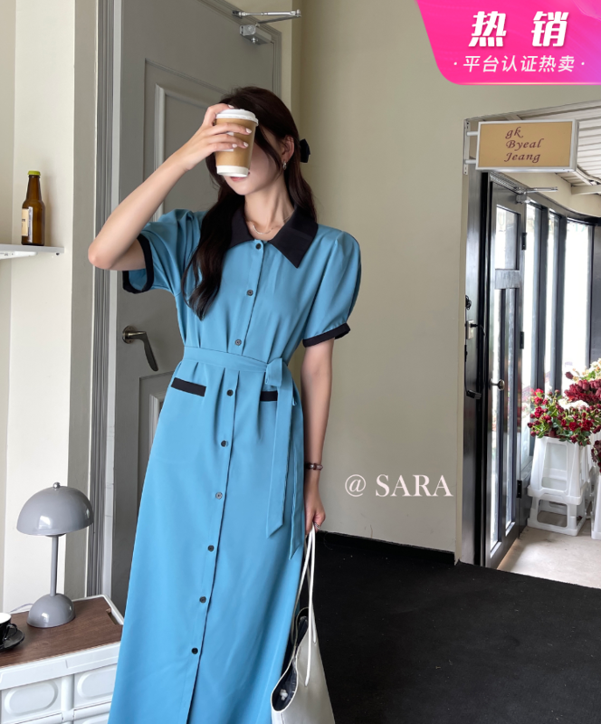 [Sara] French contrast Lapel button loose dress (with waist rope) 90055# lwy