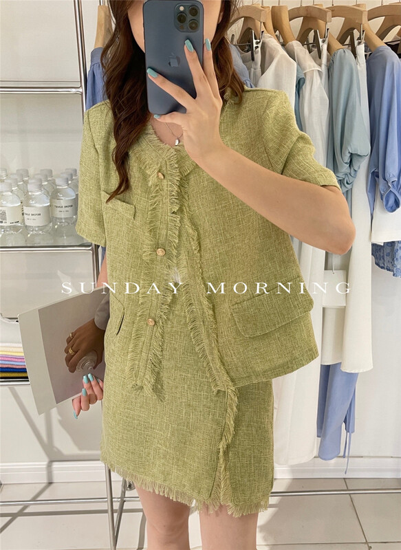 【SUNDAY MORNING】韓系毛邊短袖小香風短外套+包臀半裙套裝  9130#  ZJY