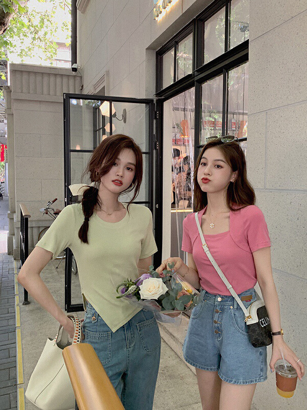 New year in early spring! [wgwe] be careful with machine beveled slits, versatile solid color thin short sleeve T-shirt 1072# PCZ