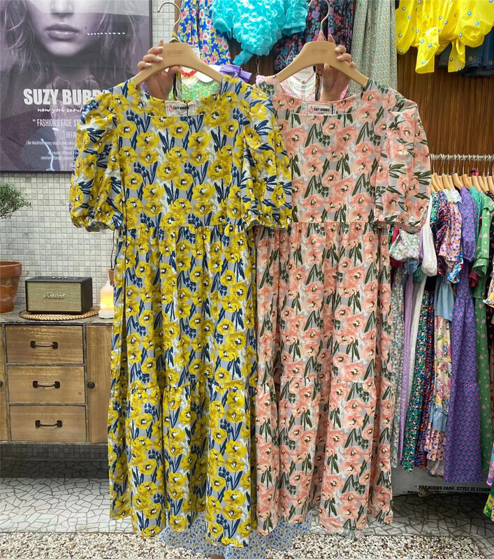[N21] Vintage elegant bubble sleeve floral waist dress 3313# WPL